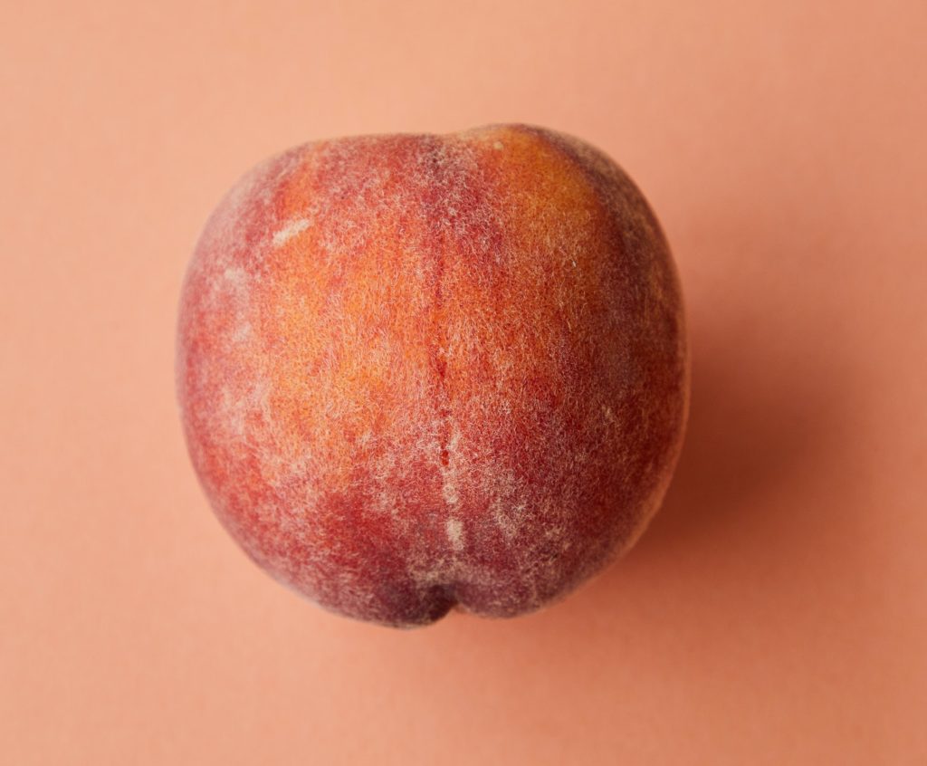 Firscher, saftiger Pfirsich auf pinkem Hintergrund.