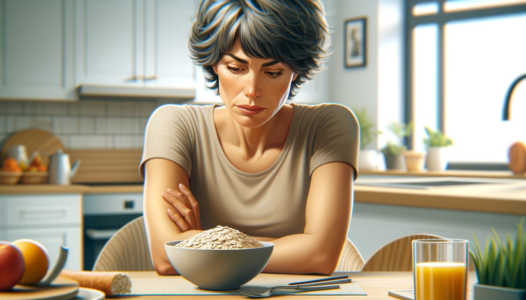 Digitale Illustration einer Frau, die eine Hafer Unverträglichkeit hat. Sie sitzt am Esstisch in ihrer Küche und blickt traurig auf eine Schüssel voll Haferflocken. 